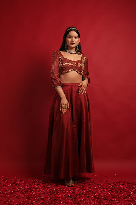 Order Maroon & Gold Lehanga With Smocking Blouse In Chanderi Handloom (Set Of 2) - By Vinusto