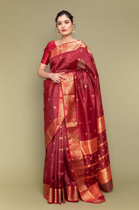 Shop Ruby Red Handloom Silk Saree with Jacquard Border

