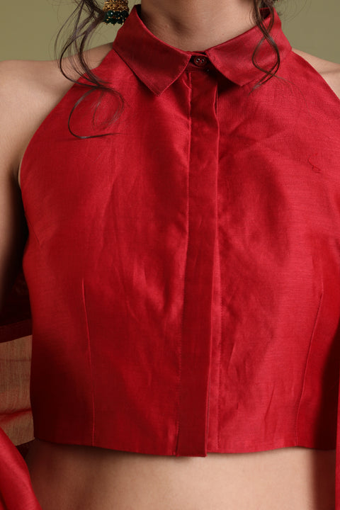 Red Halter Neck Blouse with Collar in Chanderi Handloom