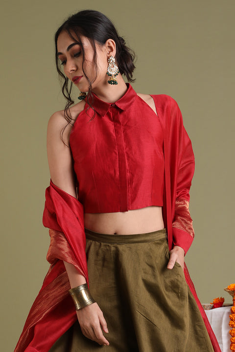 Shop Red Halter Neck Blouse with Collars in Chanderi Handloom | Vinusto