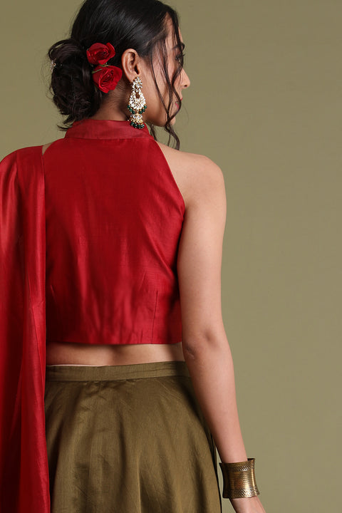 Luxury Red Halter Neck Blouse with Collars in Chanderi Handloom | Vinusto