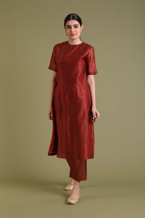 Shop Chanderi High Slit Kurta with Cotton Pants in Rust - Set of 2 | Vinusto

