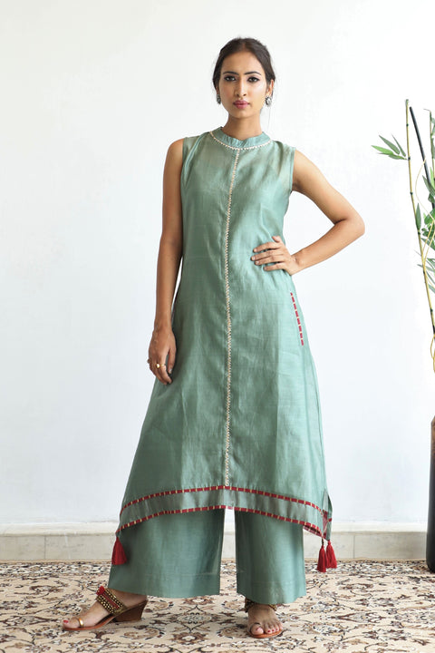 Shop Chanderi Suit Set with Tassels & Gold Trims in Sage Green - Set of 3