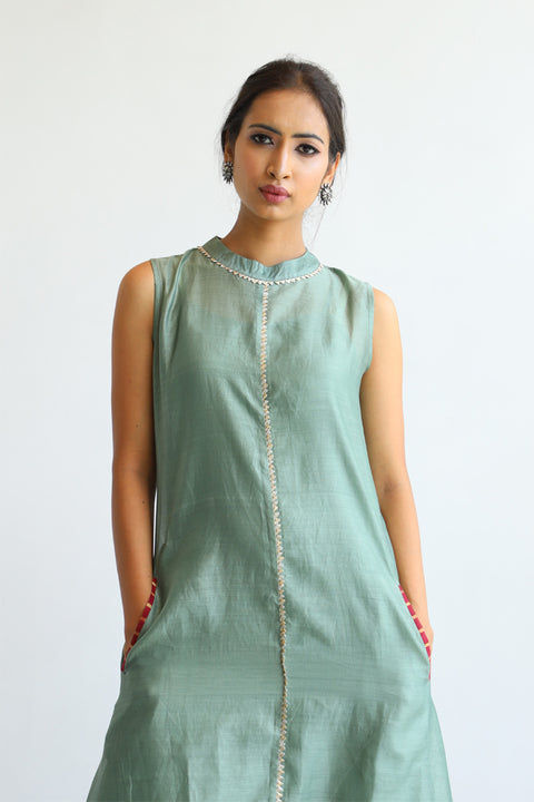 Luxury Chanderi Suit Set with Tassels & Gold Trims in Sage Green - Set of 3
