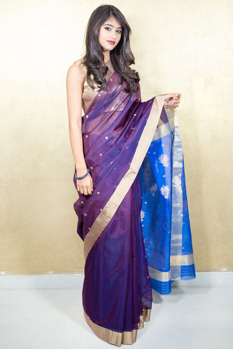 Shop Chanderi Mercerized Silk Saree in Navy Blue | Handloom Silk Sarees


