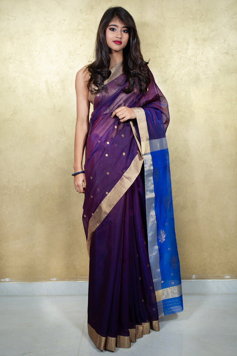 Handcraft Chanderi Mercerized Silk Saree in Navy Blue | Handloom Silk Sarees

