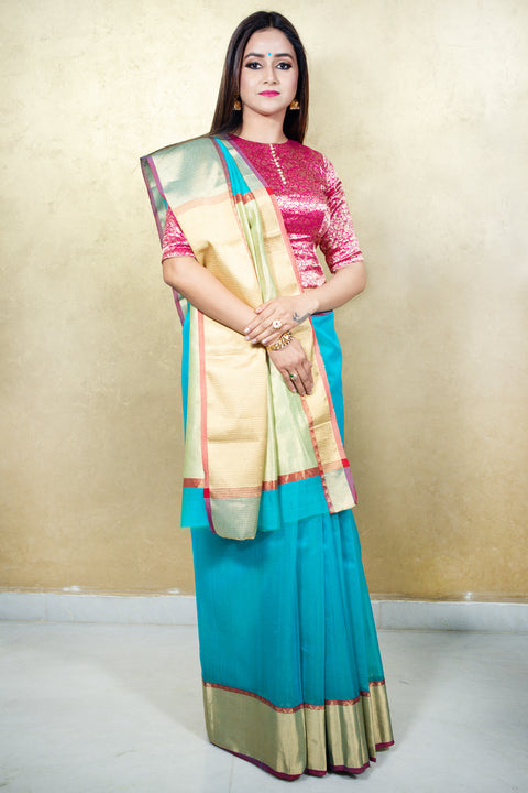 Buy Chanderi Mercerized Silk Saree in Turquoise Blue – Graceful & Radiant

