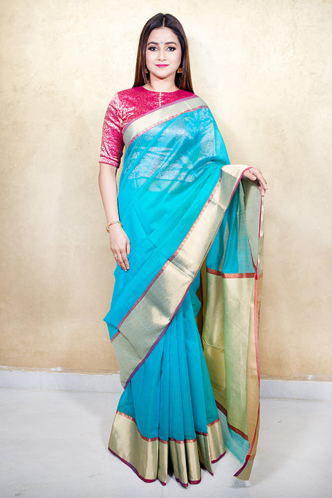 Order Chanderi Mercerized Silk Saree in Turquoise Blue – Graceful & Radiant

