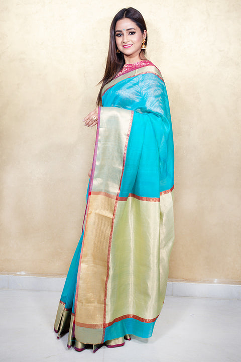 Shop Chanderi Mercerized Silk Saree in Turquoise Blue – Graceful & Radiant

