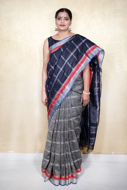 Buy Linen Saree in Grey | Elegant & Comfortable Saree for Every Occasion

