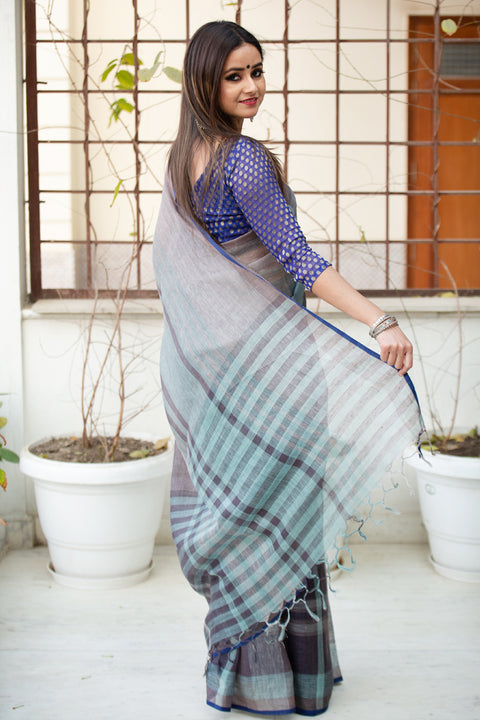 Order Cotton Saree in Grey and Blue | Stylish and Comfortable Saree for Every Occasion

