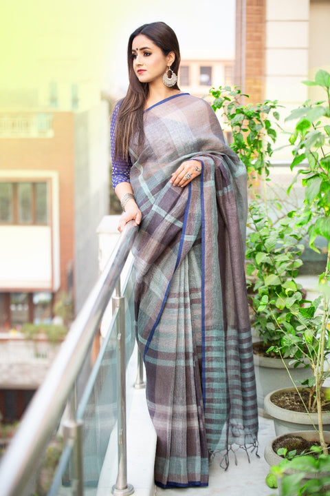 Buy Cotton Saree in Grey and Blue | Stylish and Comfortable Saree for Every Occasion


