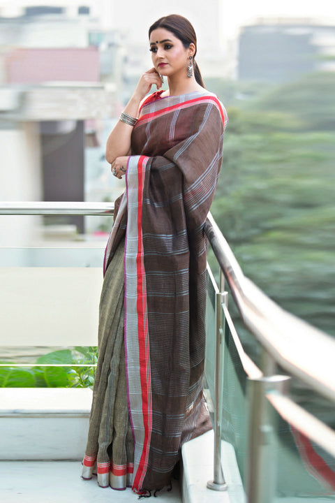 Order Linen Sari in Grey | Elegant and Comfortable Cotton Saree

