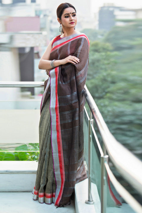 Luxury Linen Sari in Grey | Elegant and Comfortable Cotton Saree

