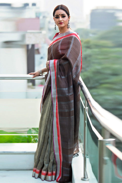Shop Linen Sari in Grey | Elegant and Comfortable Cotton Saree

