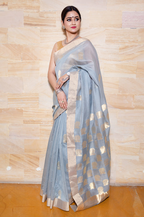 Luxury Chanderi Mercerized Silk Saree in Grey | Elegant Handloom Sarees

