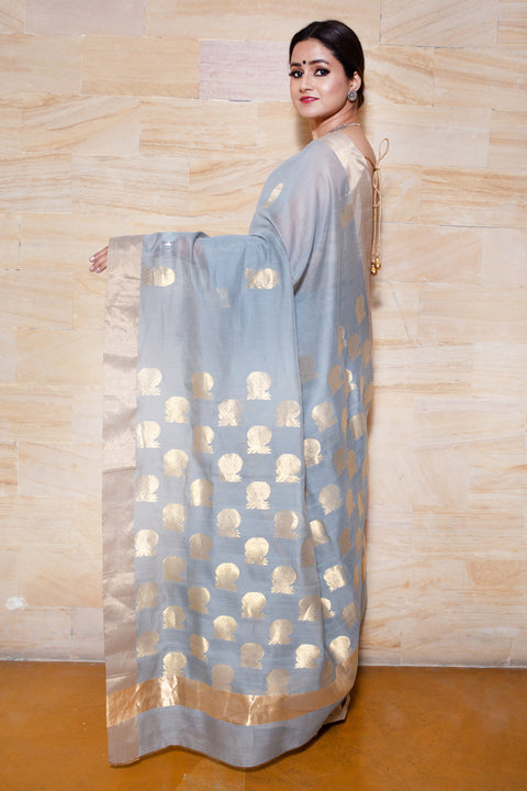 Premium Chanderi Mercerized Silk Saree in Grey | Elegant Handloom Sarees

