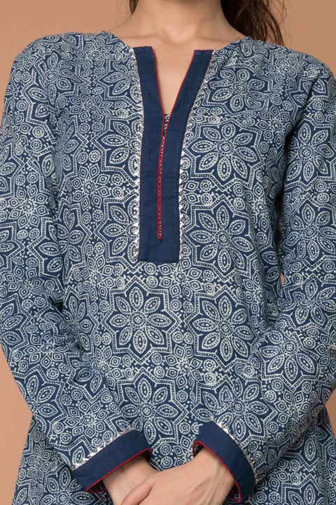 Premium Straight Fit Indigo Hand-Block Printed Kurta & Navy Palazzo Set – Set of 3

