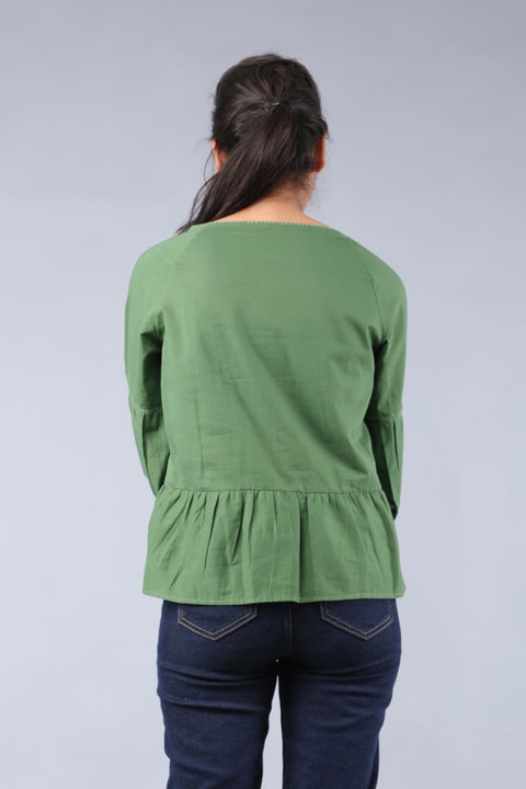 Premium Boxy Fit Top with Lace in Fern Green Cotton | Vinusto