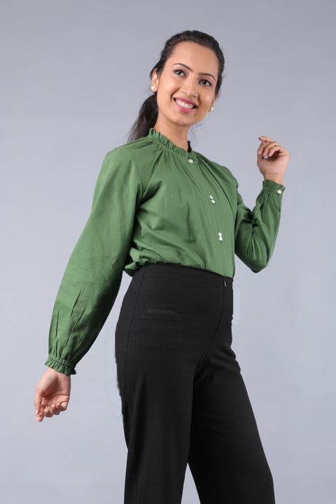 Luxury Ruffle Shirt in Fern Green Cotton | Vinusto
