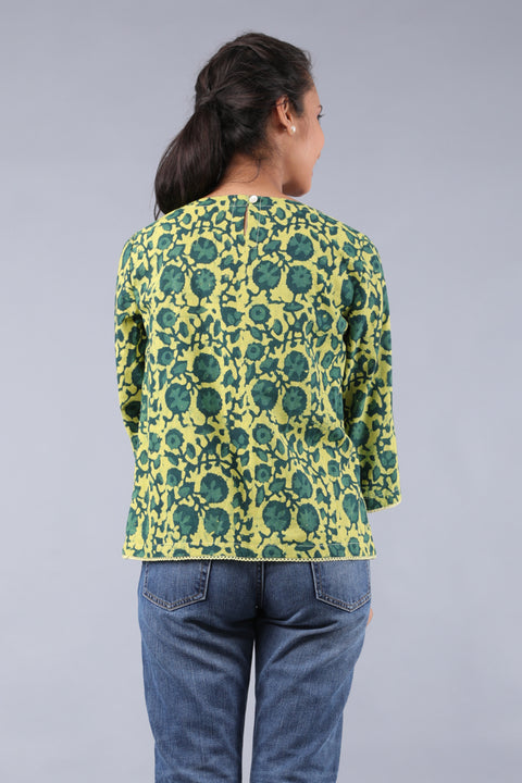 Premium Pleated Top in Green & Yellow Hand Block Printed Cotton | Vinusto