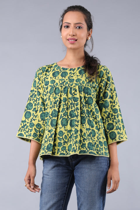 Shop Pleated Top in Green & Yellow Hand Block Printed Cotton | Vinusto
