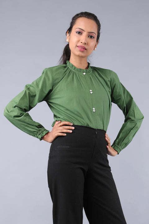 Shop Ruffle Shirt in Fern Green Cotton | Vinusto