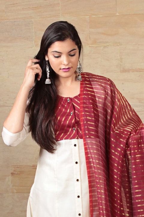 Ivory Chanderi Handloom Kurta With Maroon Yoke