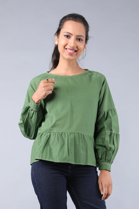 Shop Boxy Fit Top with Lace in Fern Green Cotton | Vinusto