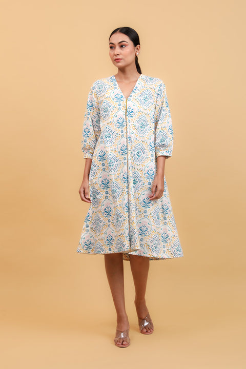 Order Flared Dress in Floral Hand Block Printed Cotton (Set of 2) | Vinusto