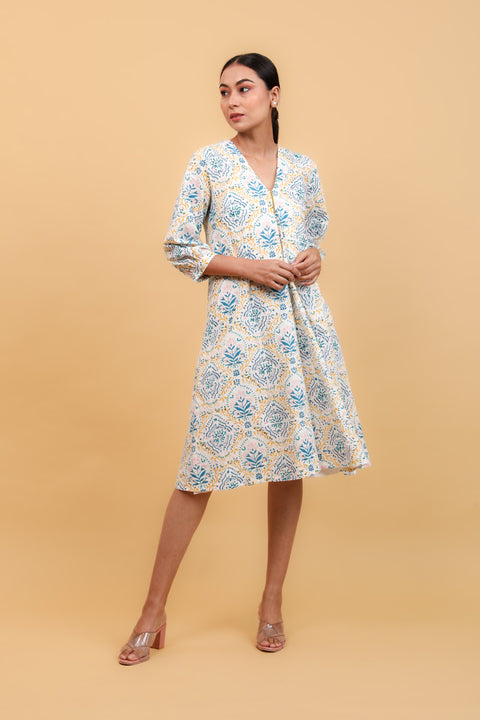 Flared Dress in Floral Hand Block Printed Cotton (Set of 2)
