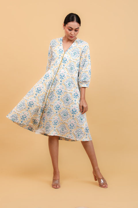 Shop Flared Dress in Floral Hand Block Printed Cotton (Set of 2) | Vinusto
