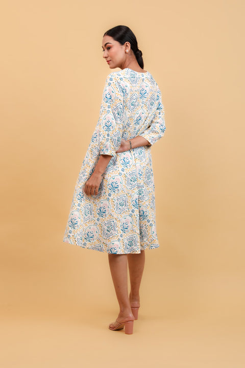 Handcraft Flared Dress in Floral Hand Block Printed Cotton (Set of 2) | Vinusto