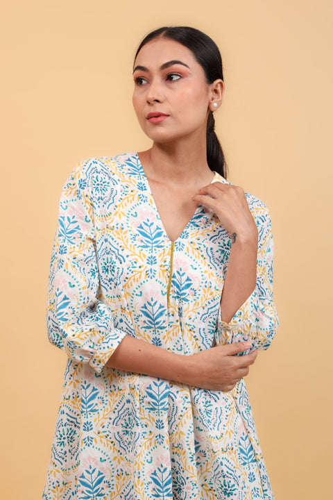 Luxury Flared Dress in Floral Hand Block Printed Cotton (Set of 2) | Vinusto