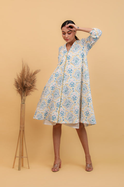 Premium Flared Dress in Floral Hand Block Printed Cotton (Set of 2) | Vinusto