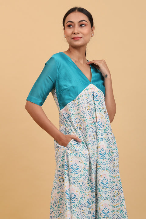 Order Empire Line Color Block Kurta Set in Aqua Blue Chanderi & Hand Block Printed Cotton (Set of 2) - By Vinusto
