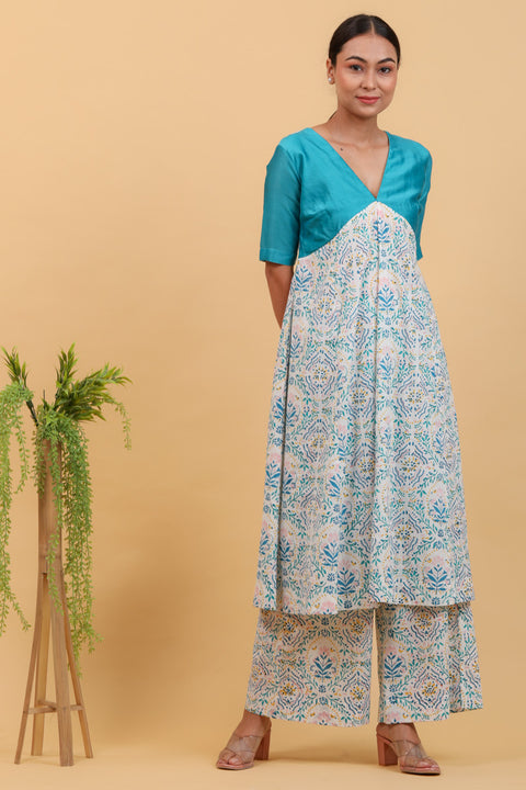 Buy Empire Line Color Block Kurta Set in Aqua Blue Chanderi & Hand Block Printed Cotton (Set of 2) - By Vinusto