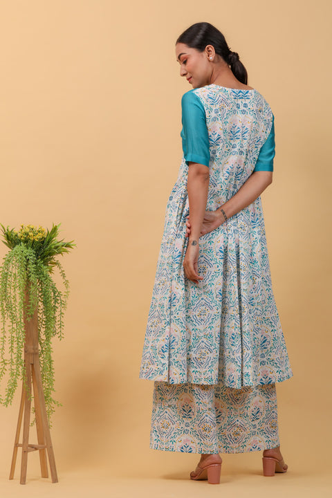 Luxury Empire Line Color Block Kurta Set in Aqua Blue Chanderi & Hand Block Printed Cotton (Set of 2) - By Vinusto