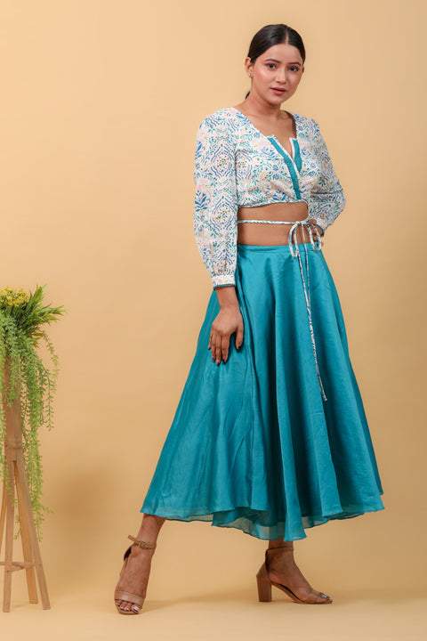 Premium Hand Block Printed Wrap Top with Aqua Blue Chanderi Handloom Skirt (Set of 2) | Vinusto