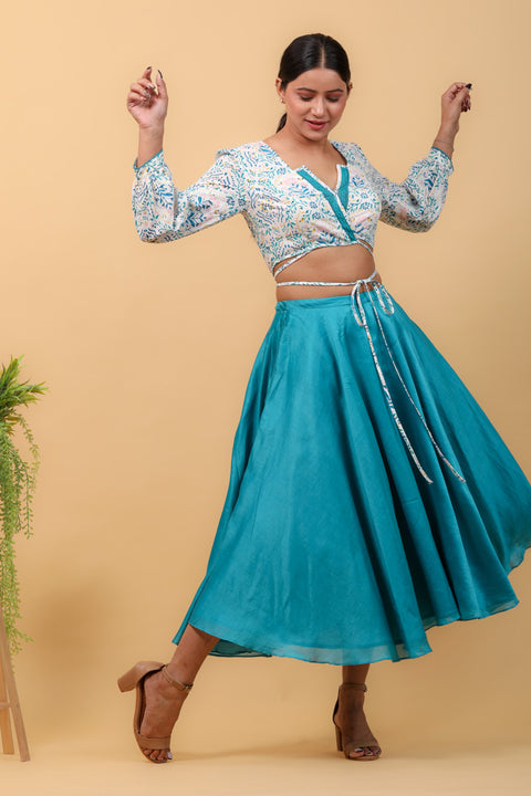 Shop Hand Block Printed Wrap Top with Aqua Blue Chanderi Handloom Skirt (Set of 2) | Vinusto