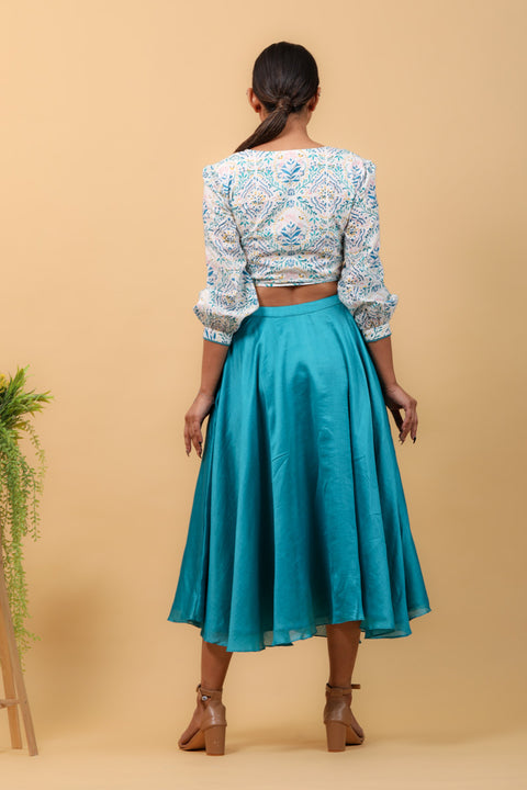 Handcraft Hand Block Printed Wrap Top with Aqua Blue Chanderi Handloom Skirt (Set of 2) | Vinusto