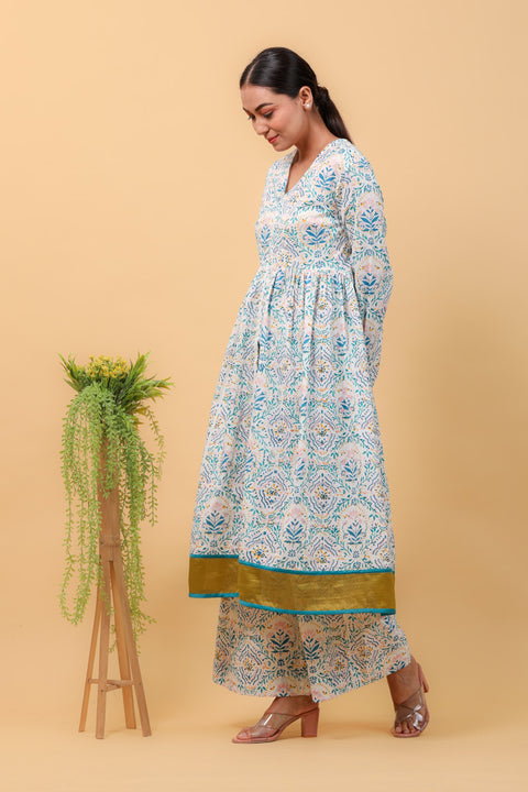 Order Hand Block Printed Anarkali Set with Aqua Blue Chanderi Handloom Dupatta (Set of 3) - By Vinusto