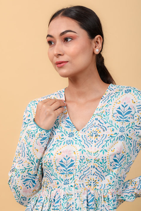 Luxury Hand Block Printed Anarkali Set with Aqua Blue Chanderi Handloom Dupatta (Set of 3) - By Vinusto