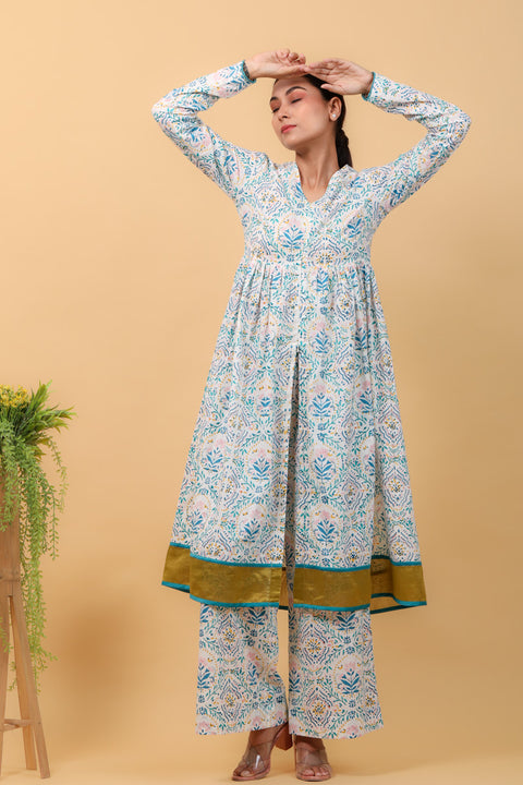 Premium Hand Block Printed Anarkali Set with Aqua Blue Chanderi Handloom Dupatta (Set of 3) - By Vinusto