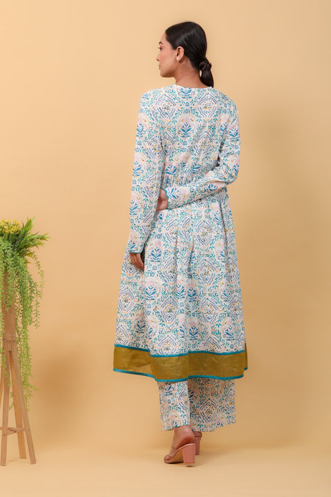 Handcrafted Hand Block Printed Anarkali Set with Aqua Blue Chanderi Handloom Dupatta (Set of 3) - By Vinusto