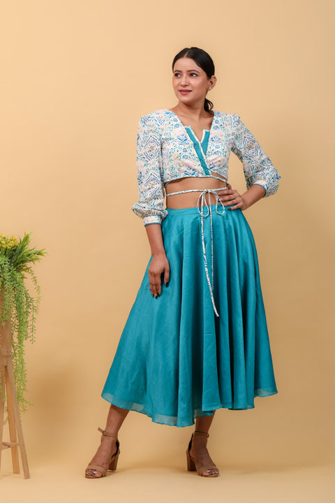 Order Hand Block Printed Wrap Top with Aqua Blue Chanderi Handloom Skirt (Set of 2) | Vinusto