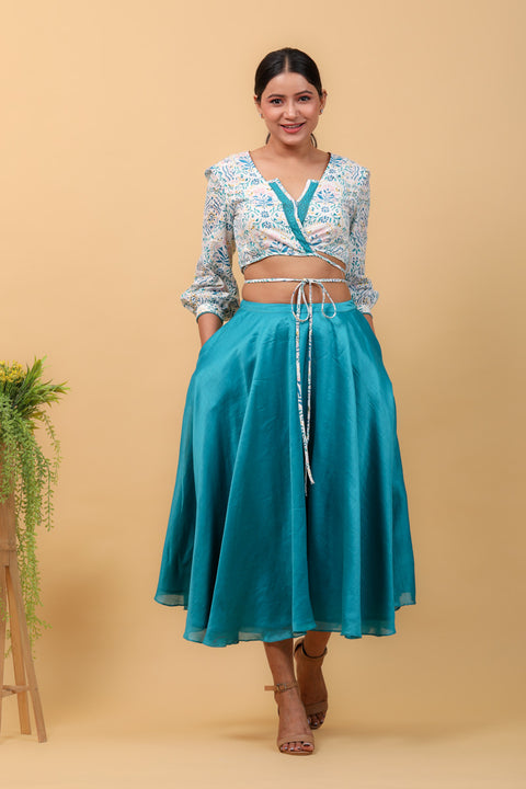 Buy Hand Block Printed Wrap Top with Aqua Blue Chanderi Handloom Skirt (Set of 2) | Vinusto