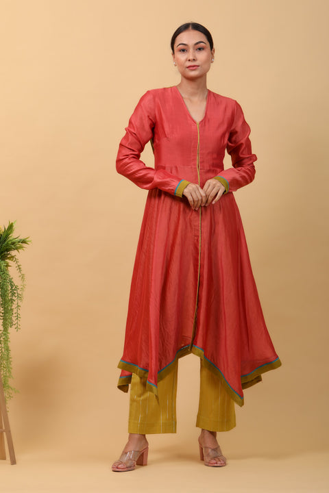 Valentine Red Asymmetric Anarkali in Chanderi Handloom, Lime Yellow Pants in Cotton with Silver Stripes, & Lime Chanderi Dupatta (Set of 3)