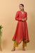Valentine Red Asymmetric Anarkali in Chanderi Handloom, Lime Yellow Pants in Cotton with Silver Stripes (Set of 2)