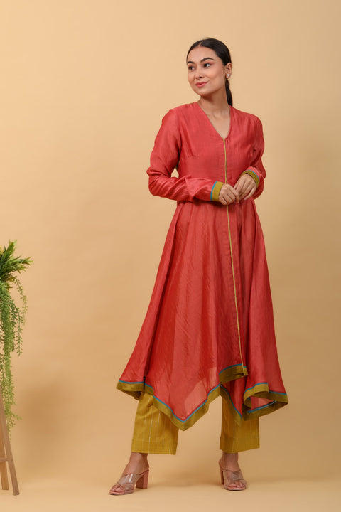 Valentine Red Asymmetric Anarkali in Chanderi Handloom, Lime Yellow Pants in Cotton with Silver Stripes, & Lime Chanderi Dupatta (Set of 3)